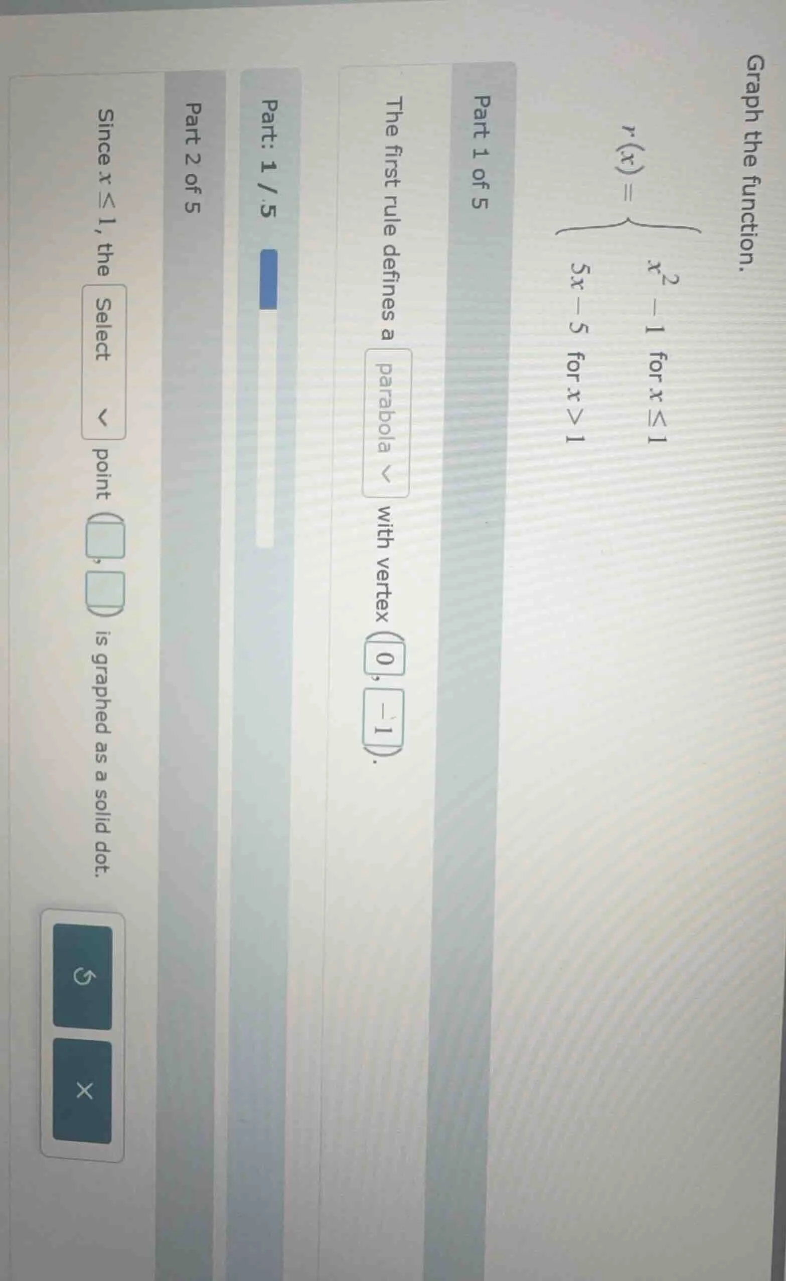 graph the function.\\( r(x) = \\begin{cases} x^2 - 1 & \\text{for } x \…