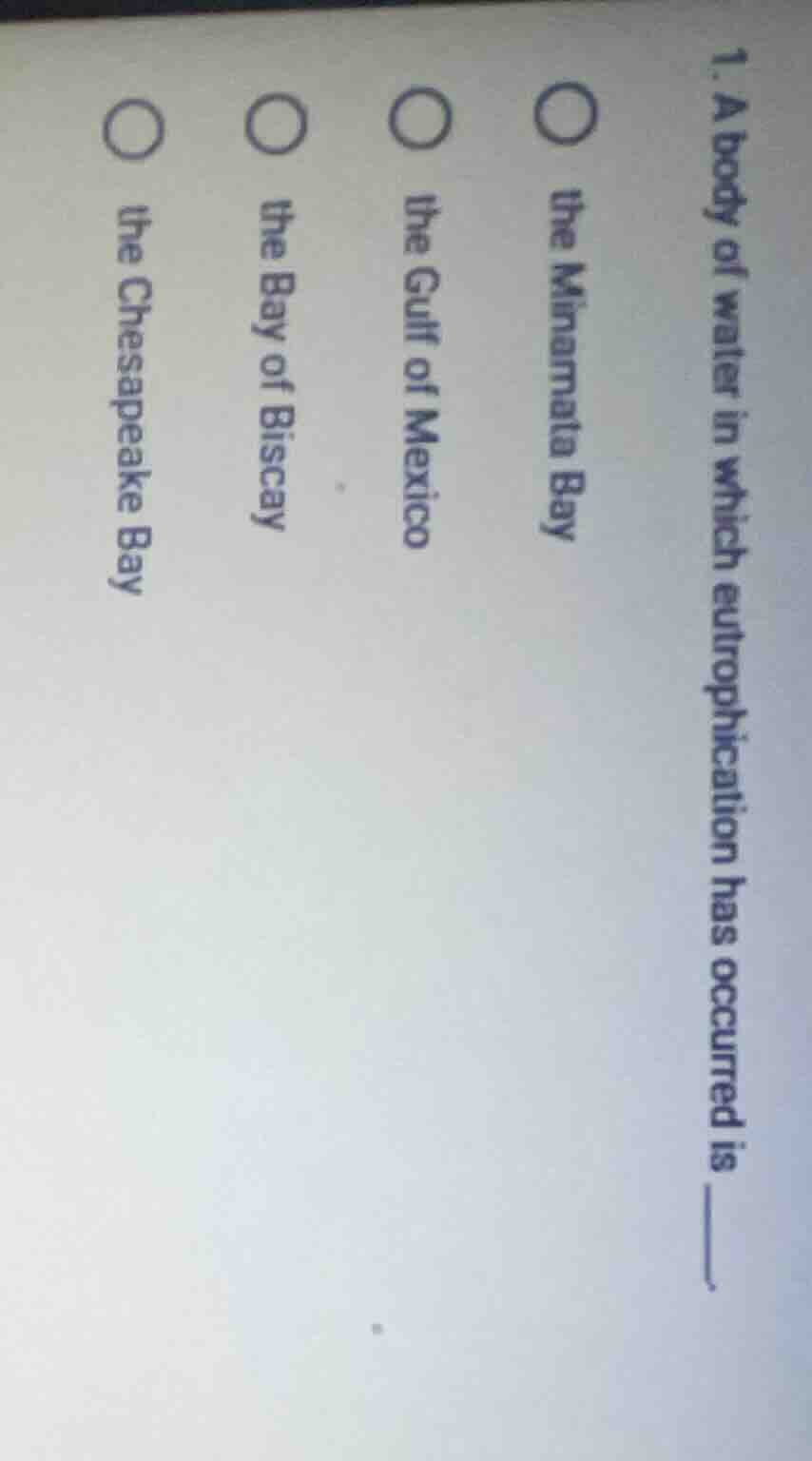 1. a body of water in which eutrophication has occurred is ______. ○ th…