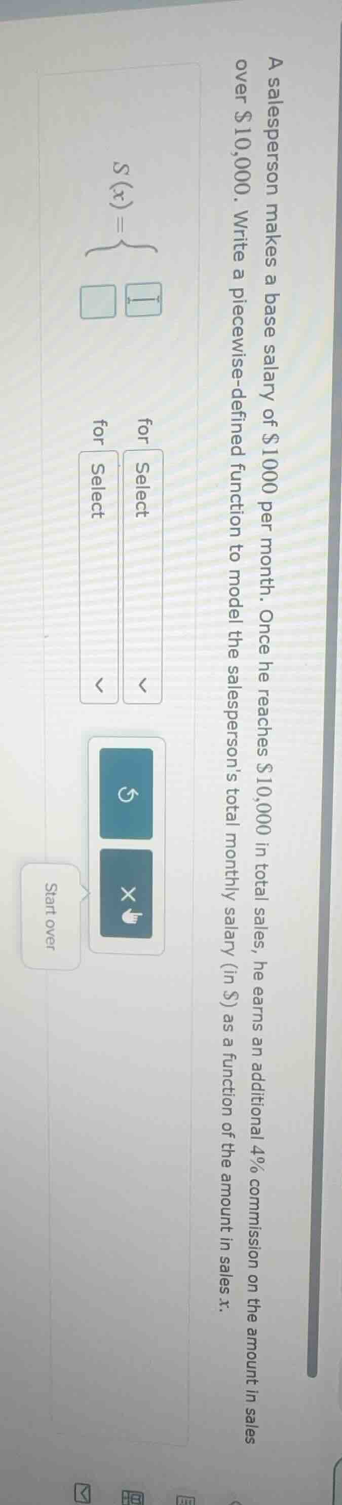 a salesperson makes a base salary of $1000 per month. once he reaches $…