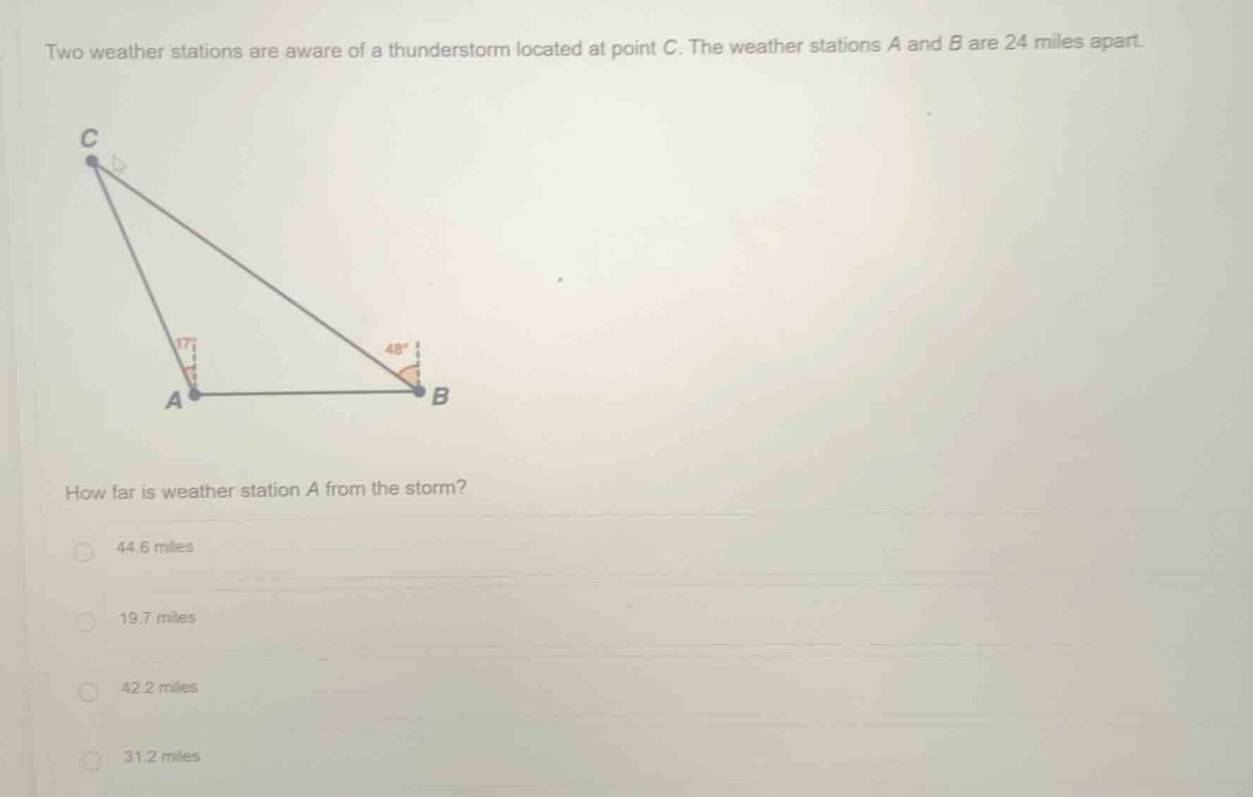 two weather stations are aware of a thunderstorm located at point c. th…