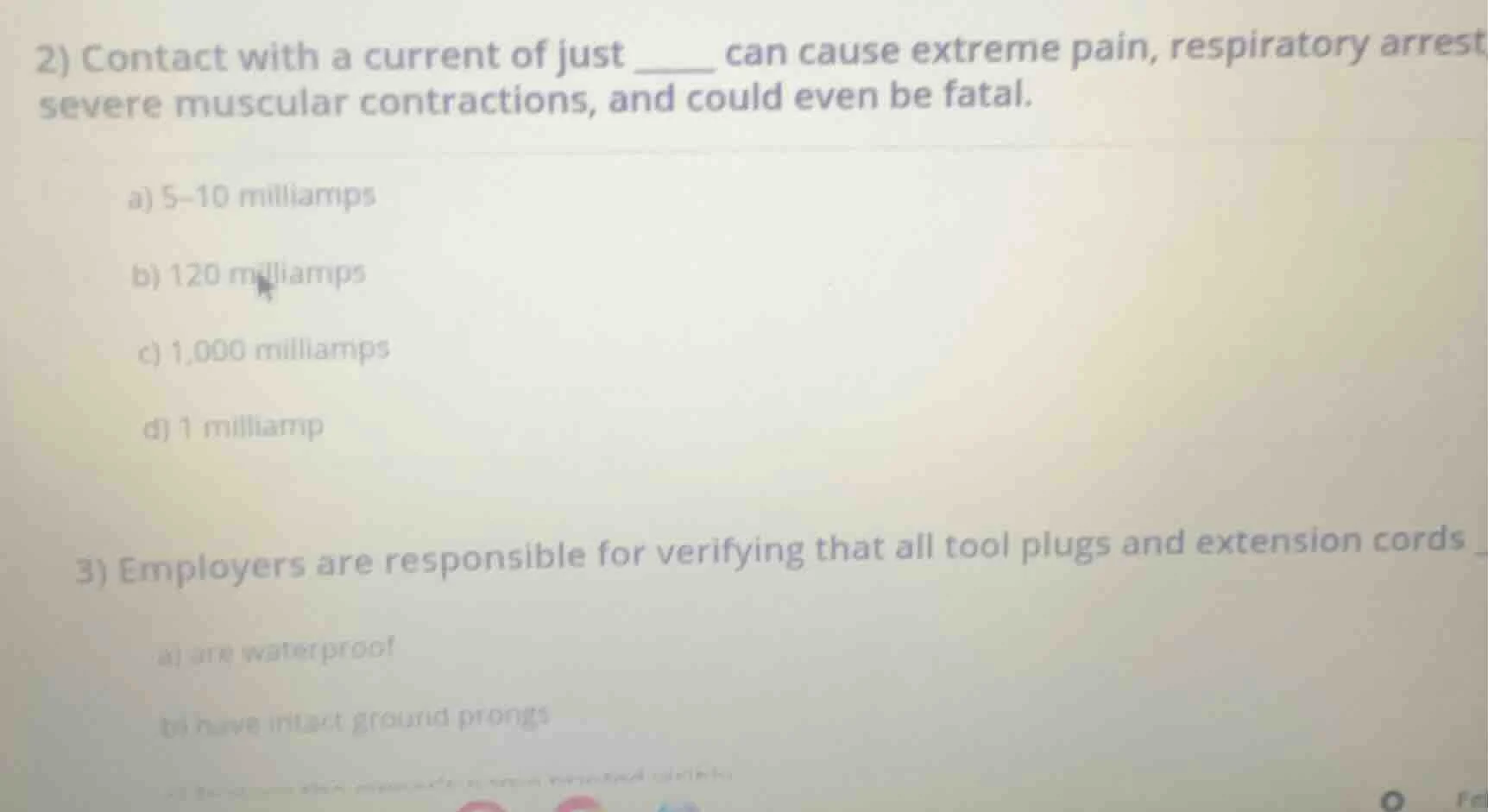 2) contact with a current of just ____ can cause extreme pain, respirat…