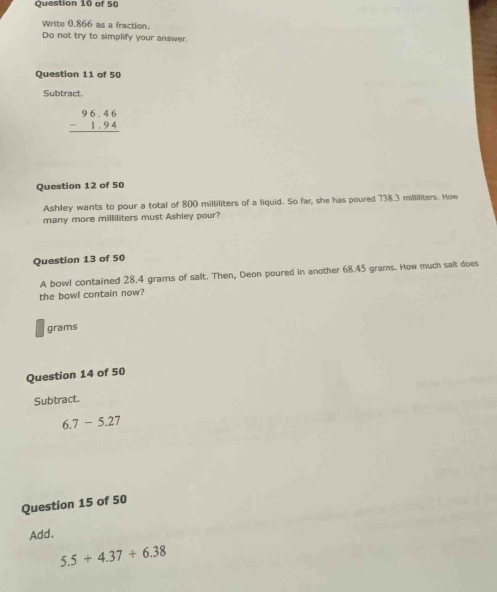 question 10 of 50 write 0.866 as a fraction. do not try to simplify you…