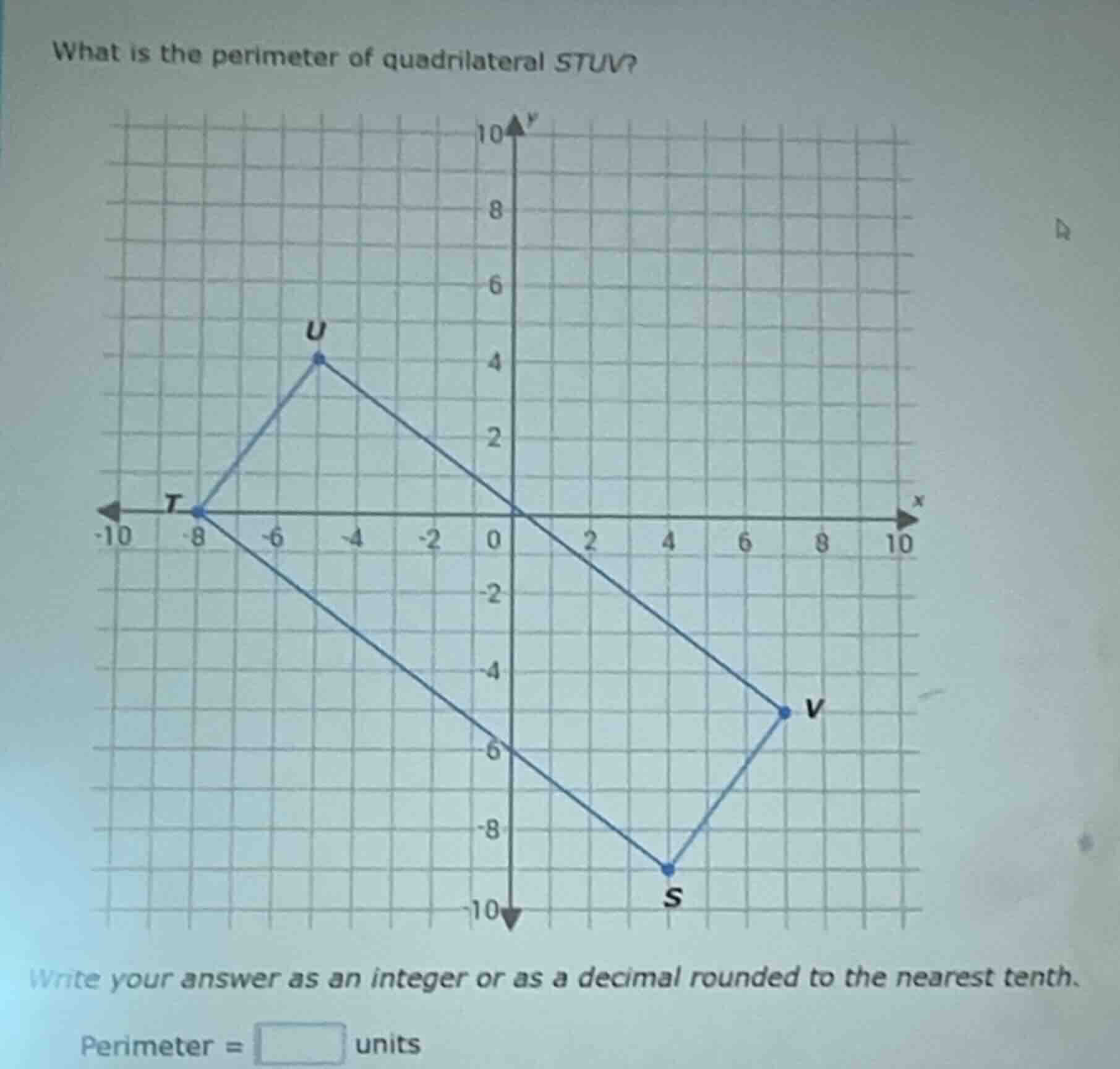 what is the perimeter of quadrilateral stuv? write your answer as an in…
