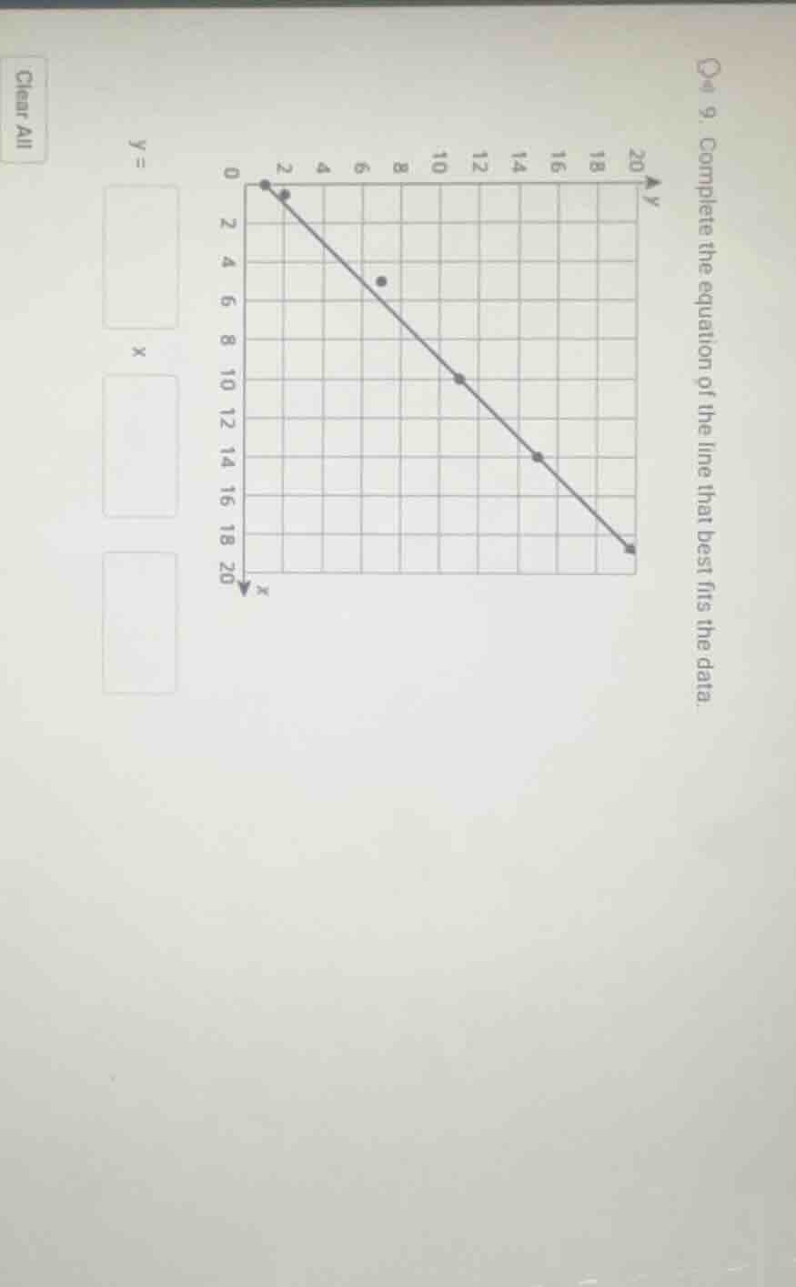 q # 9. complete the equation of the line that best fits the data. y = x