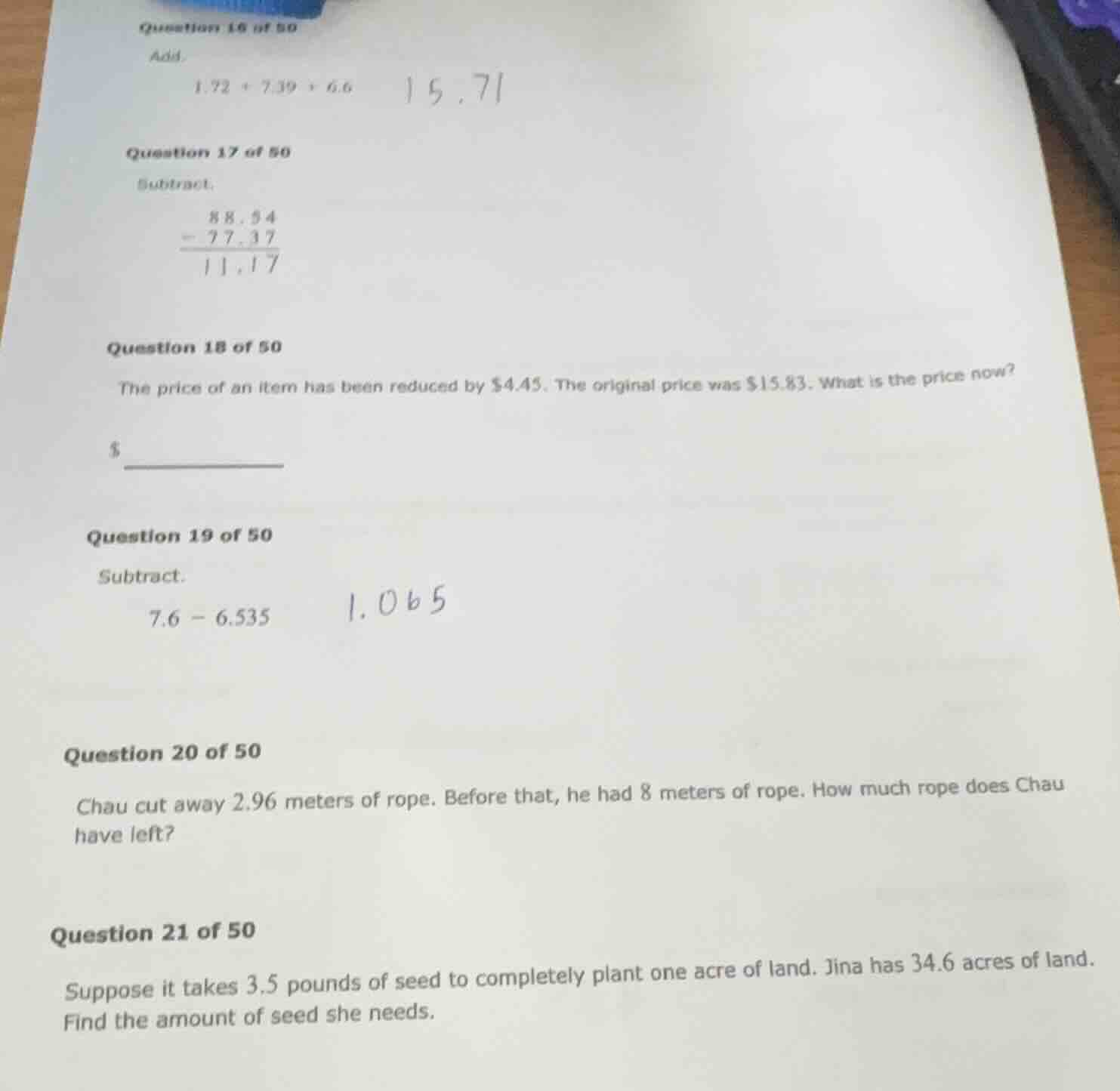 question 16 of 50 add. 1.72 + 7.39 + 6.6 question 17 of 50 subtract. \\…