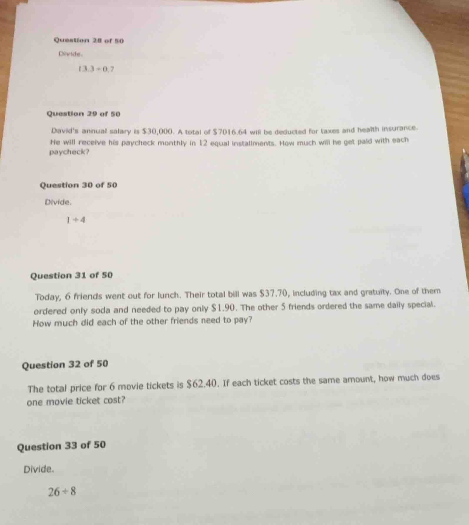 question 28 of 50 divide. 13.3 ÷ 0.7 question 29 of 50 david’s annual s…