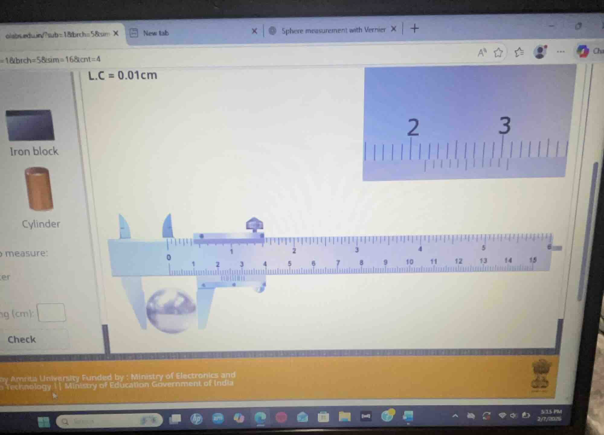 l.c = 0.01cm iron block cylinder measure: ng (cm): check amrita univers…