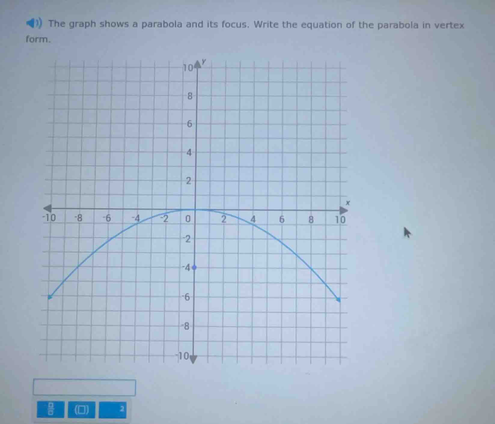the graph shows a parabola and its focus. write the equation of the par…