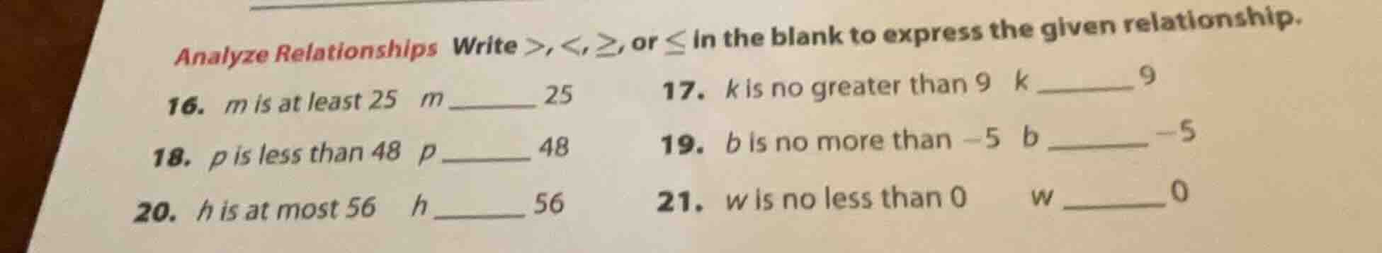 analyze relationships write >, <, ≥, or ≤ in the blank to express the g…
