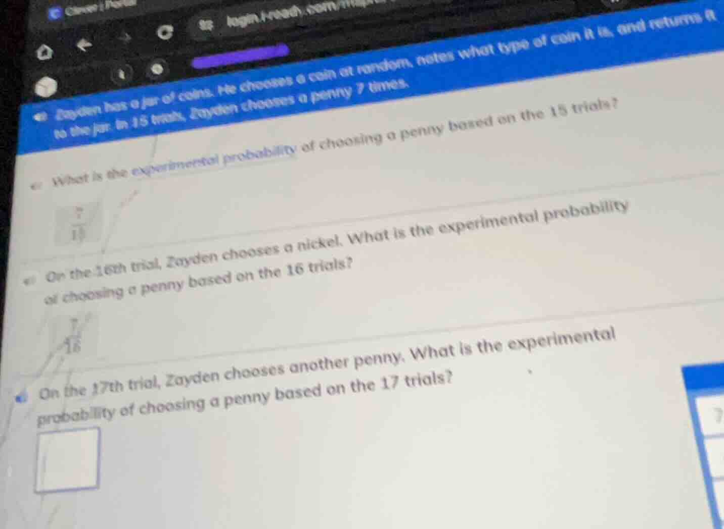 zayden has a jar of coins. he chooses a coin at random, notes what type…