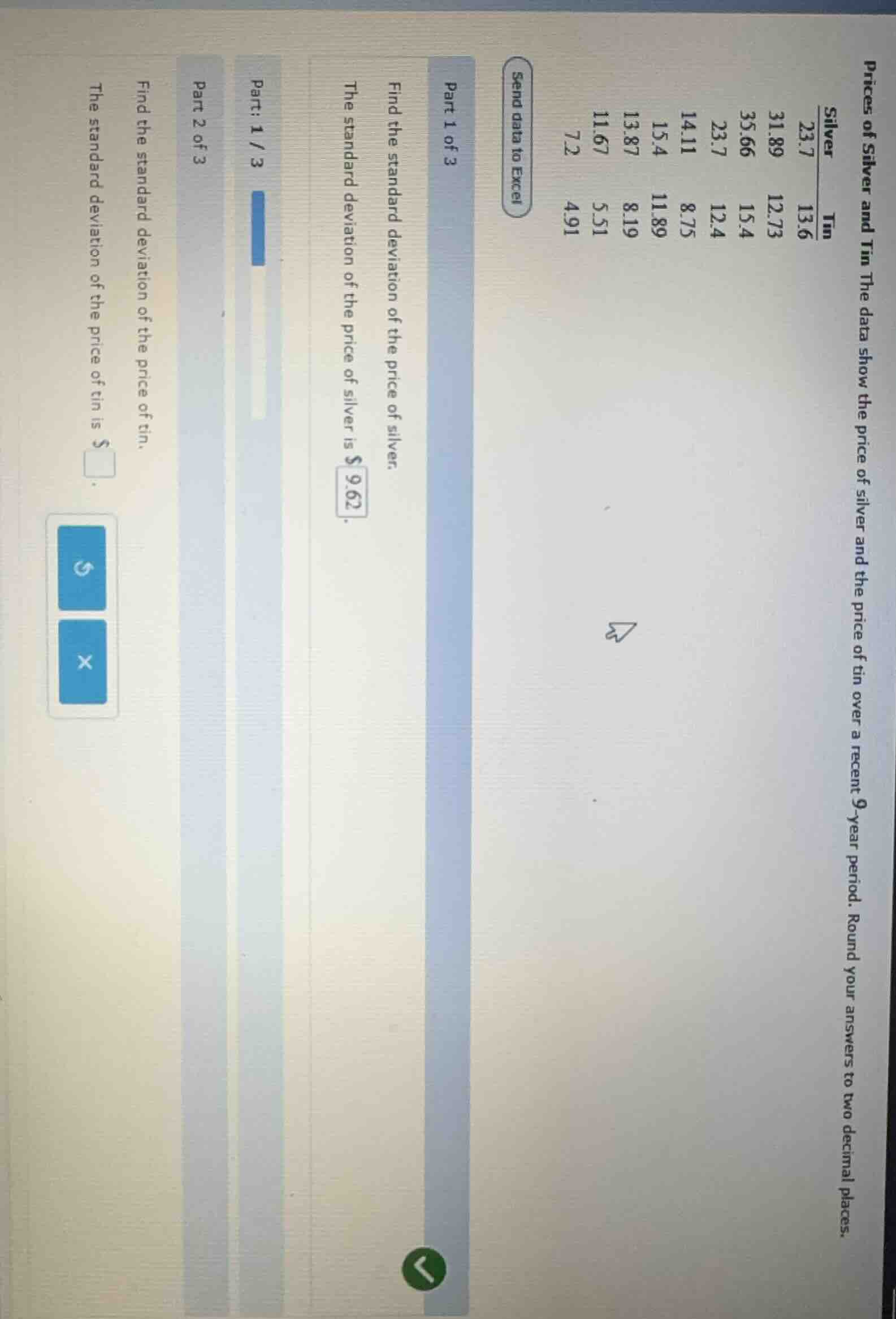 prices of silver and tin the data show the price of silver and the pric…