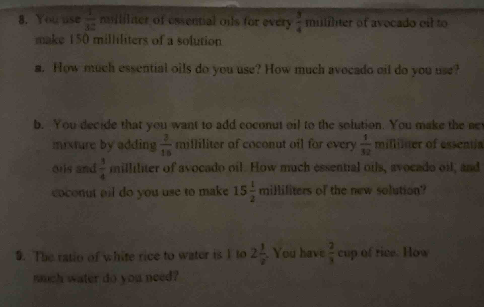 8. you use \\(\\frac{1}{32}\\) milliliter of essential oils for every \…