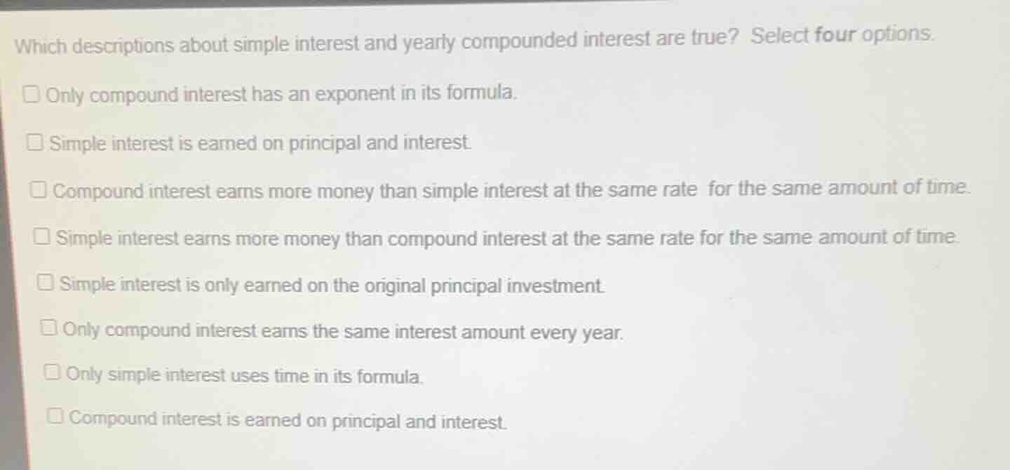 which descriptions about simple interest and yearly compounded interest…