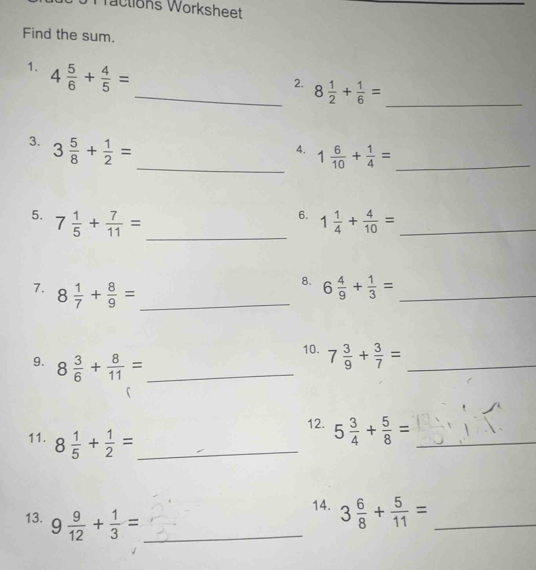 fractions worksheet find the sum. 1. $4\\frac{5}{6} + \\frac{4}{5} =$ 2…