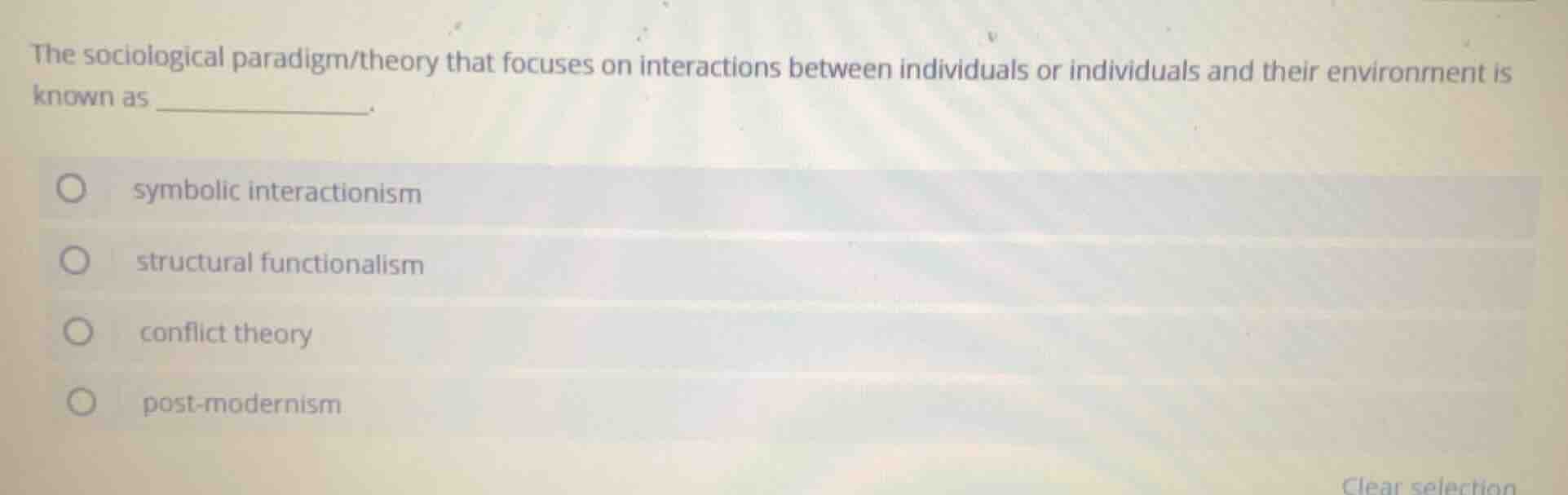 the sociological paradigm/theory that focuses on interactions between i…