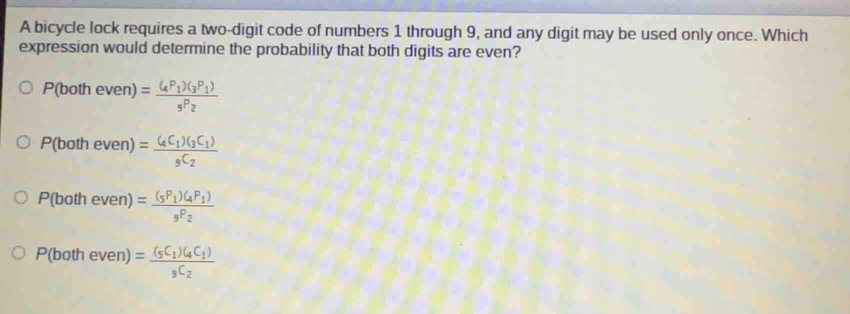a bicycle lock requires a two - digit code of numbers 1 through 9, and …