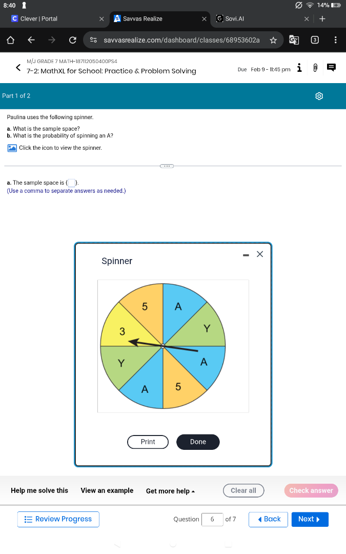 paulina uses the following spinner. a. what is the sample space? b. wha…