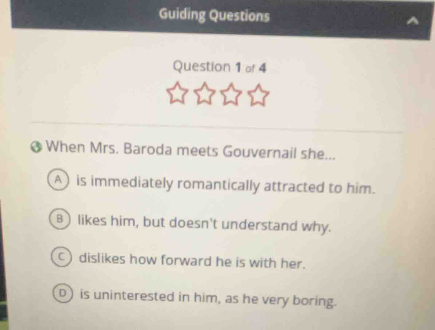 guiding questions question 1 of 4 when mrs. baroda meets gouvernail she…