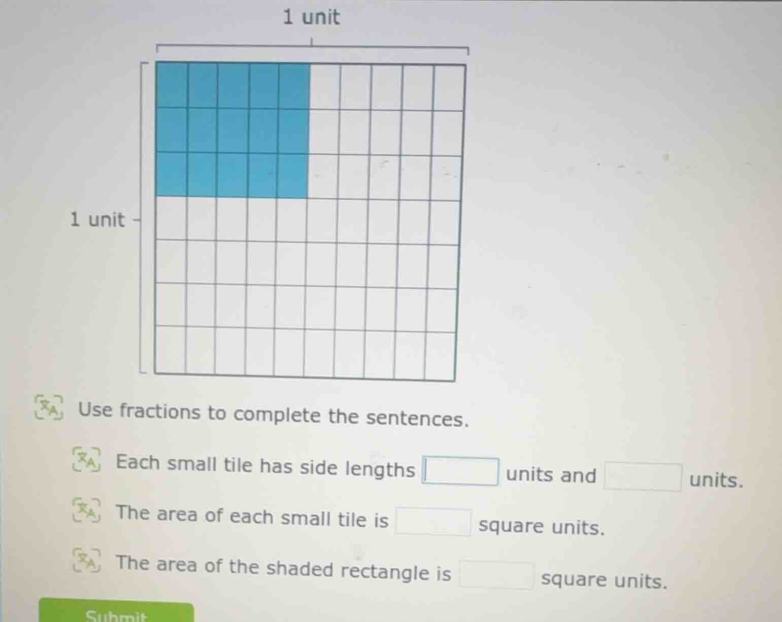 1 unit 1 unit use fractions to complete the sentences. each small tile …