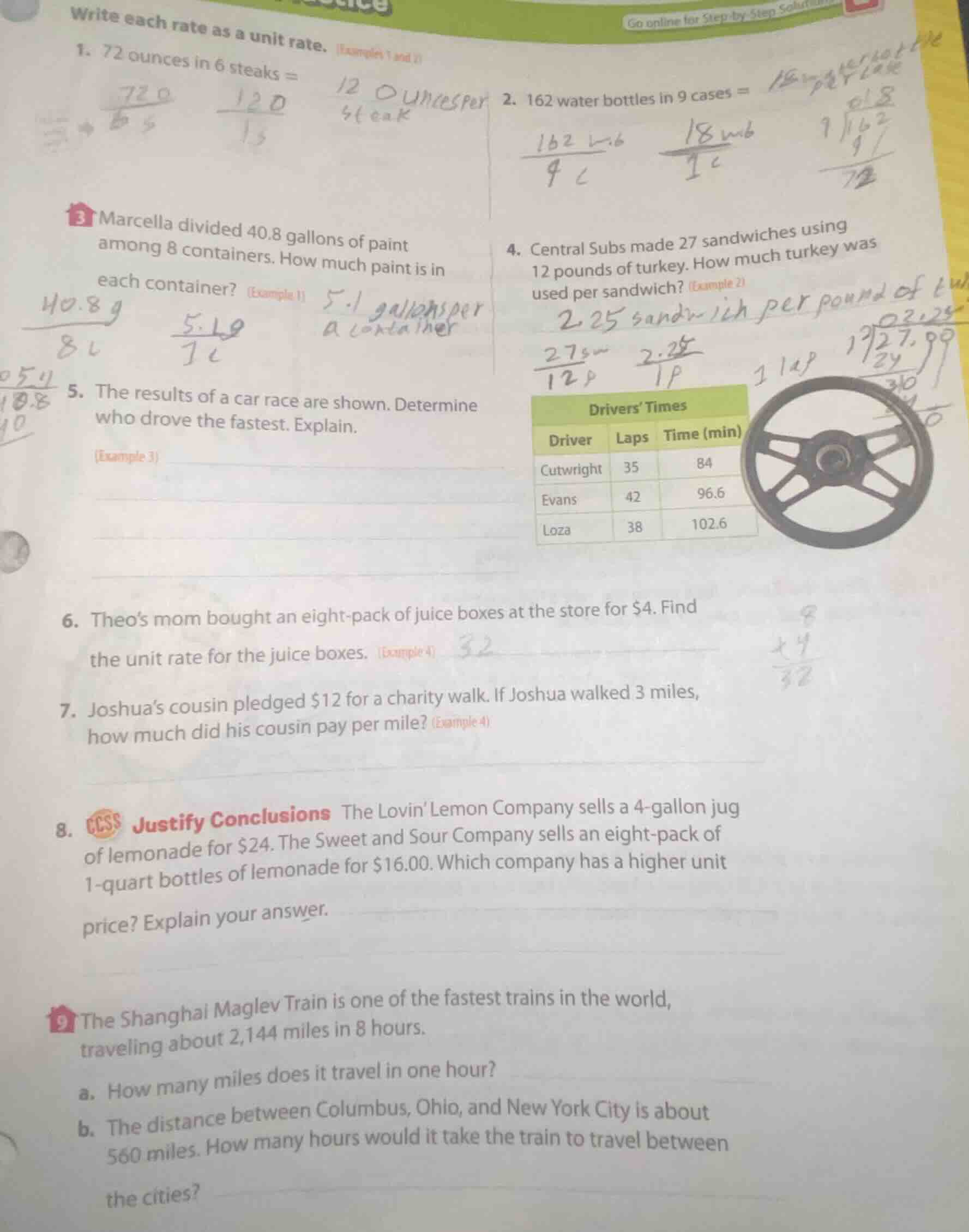write each rate as a unit rate. examples 1 and 2 1. 72 ounces in 6 stea…