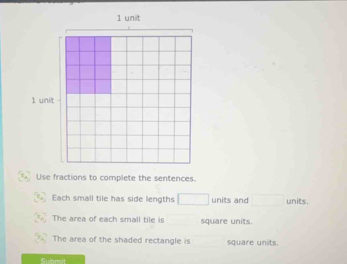 1 unit 1 unit use fractions to complete the sentences. each small tile …