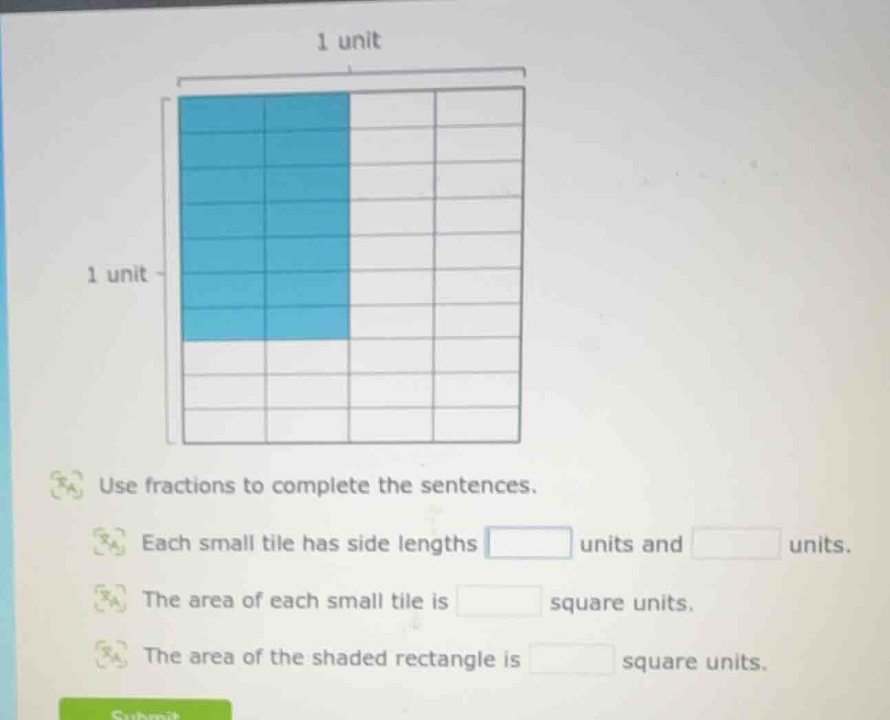 1 unit 1 unit use fractions to complete the sentences. each small tile …