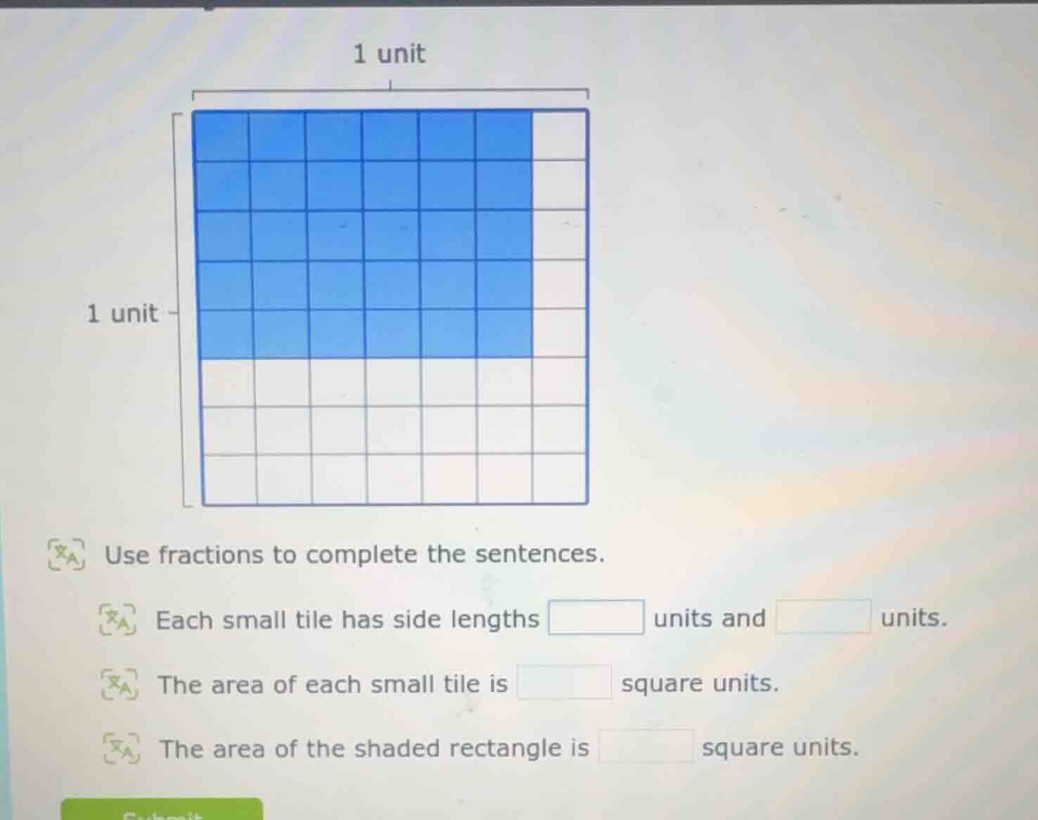 1 unit use fractions to complete the sentences. each small tile has sid…