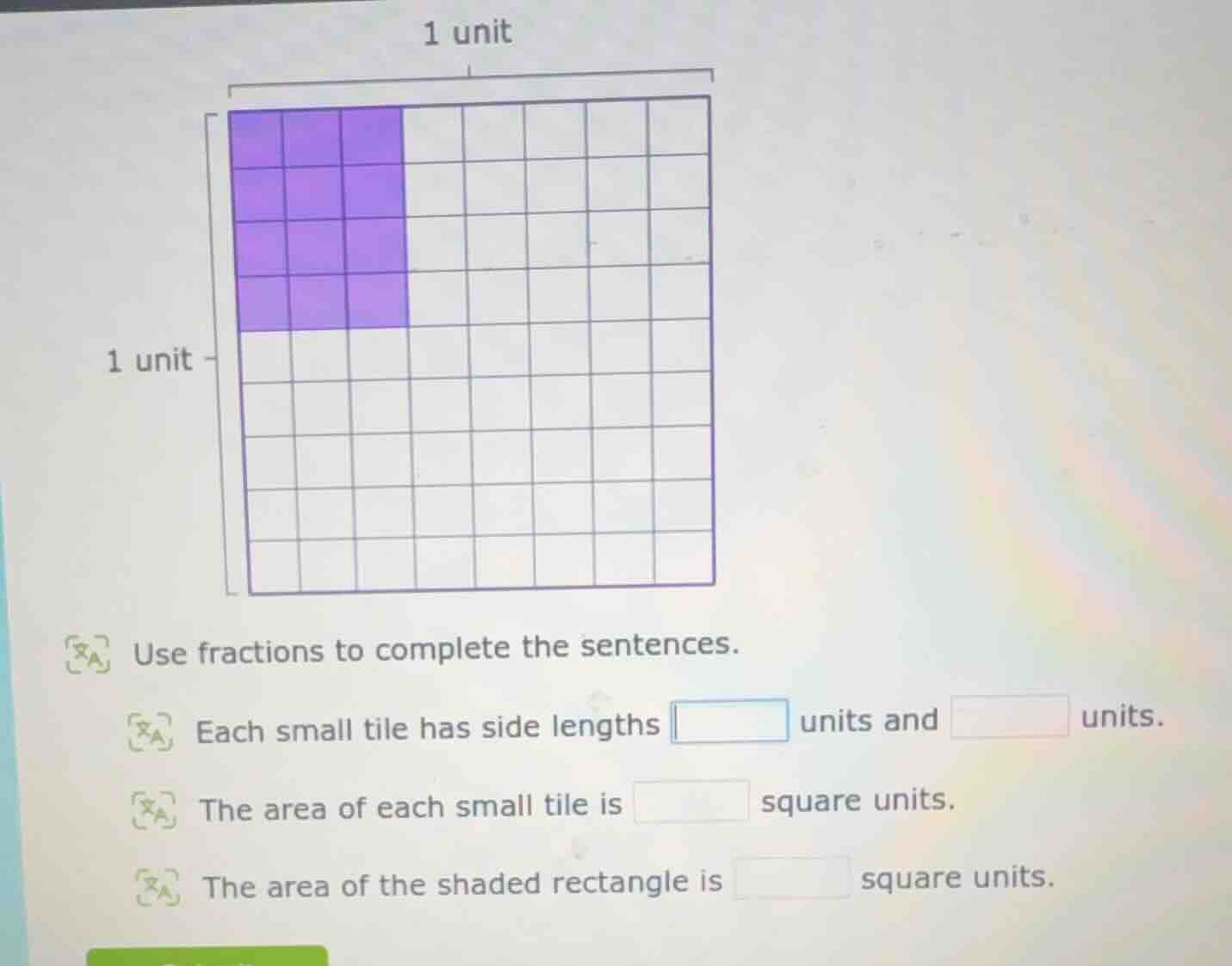 1 unit 1 unit use fractions to complete the sentences. each small tile …