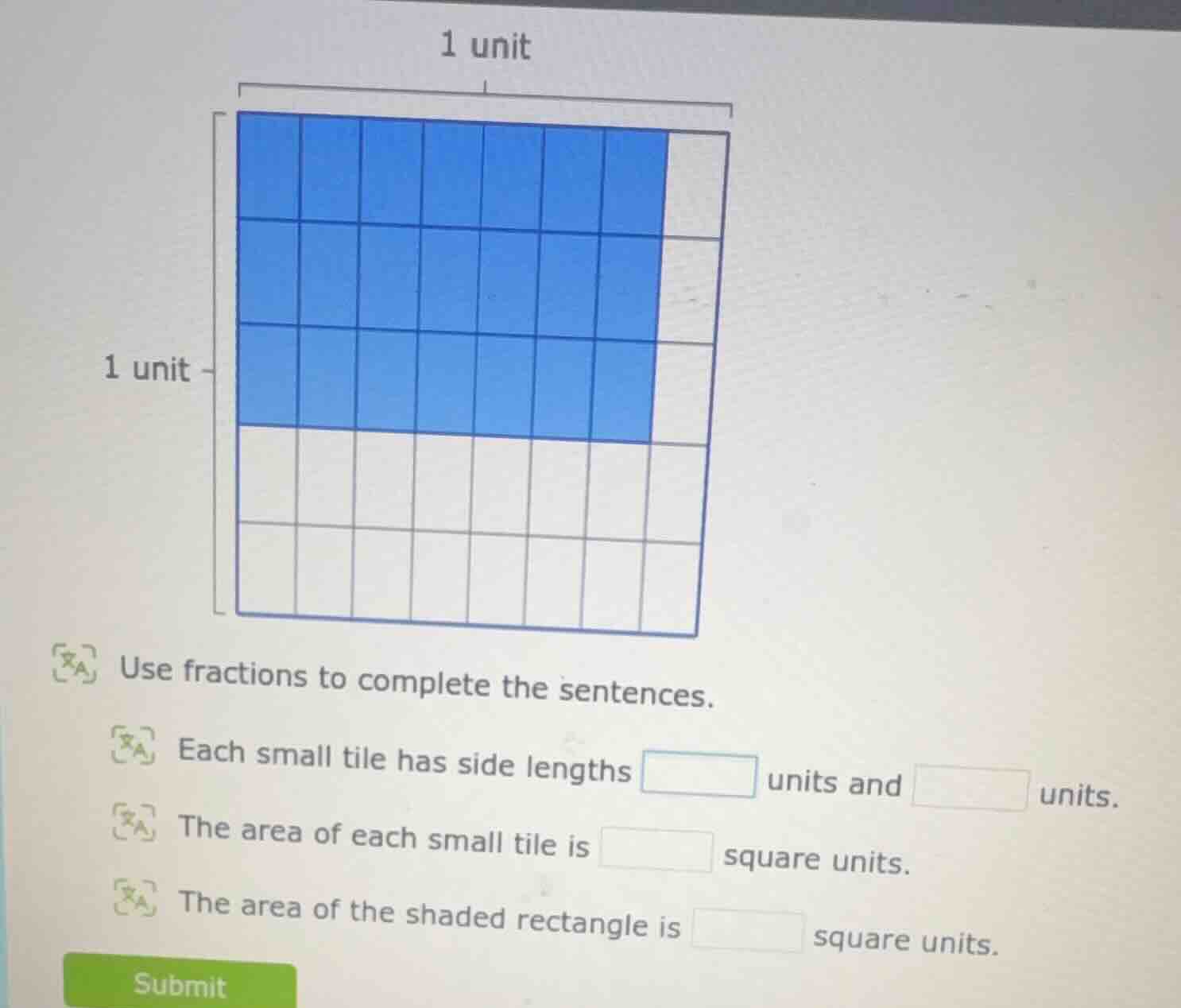 1 unit 1 unit use fractions to complete the sentences. each small tile …