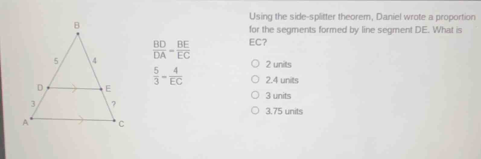using the side - splitter theorem, daniel wrote a proportion for the se…