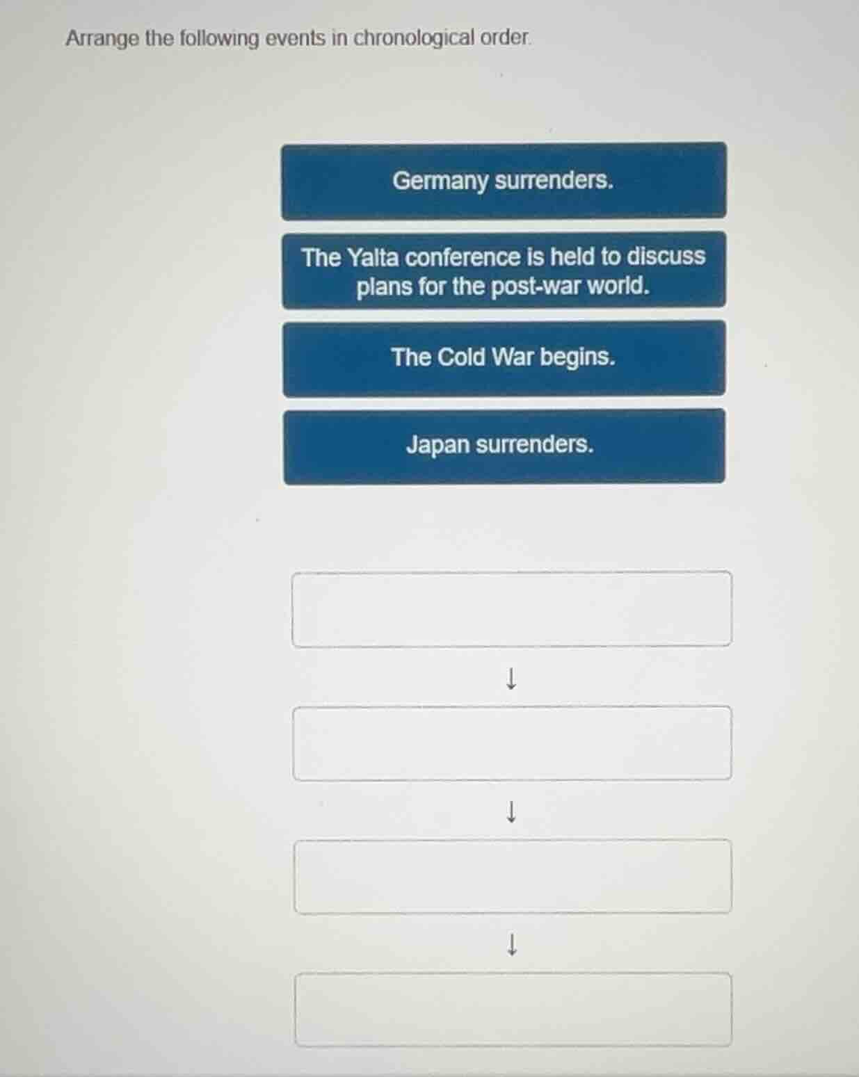 arrange the following events in chronological order. germany surrenders…