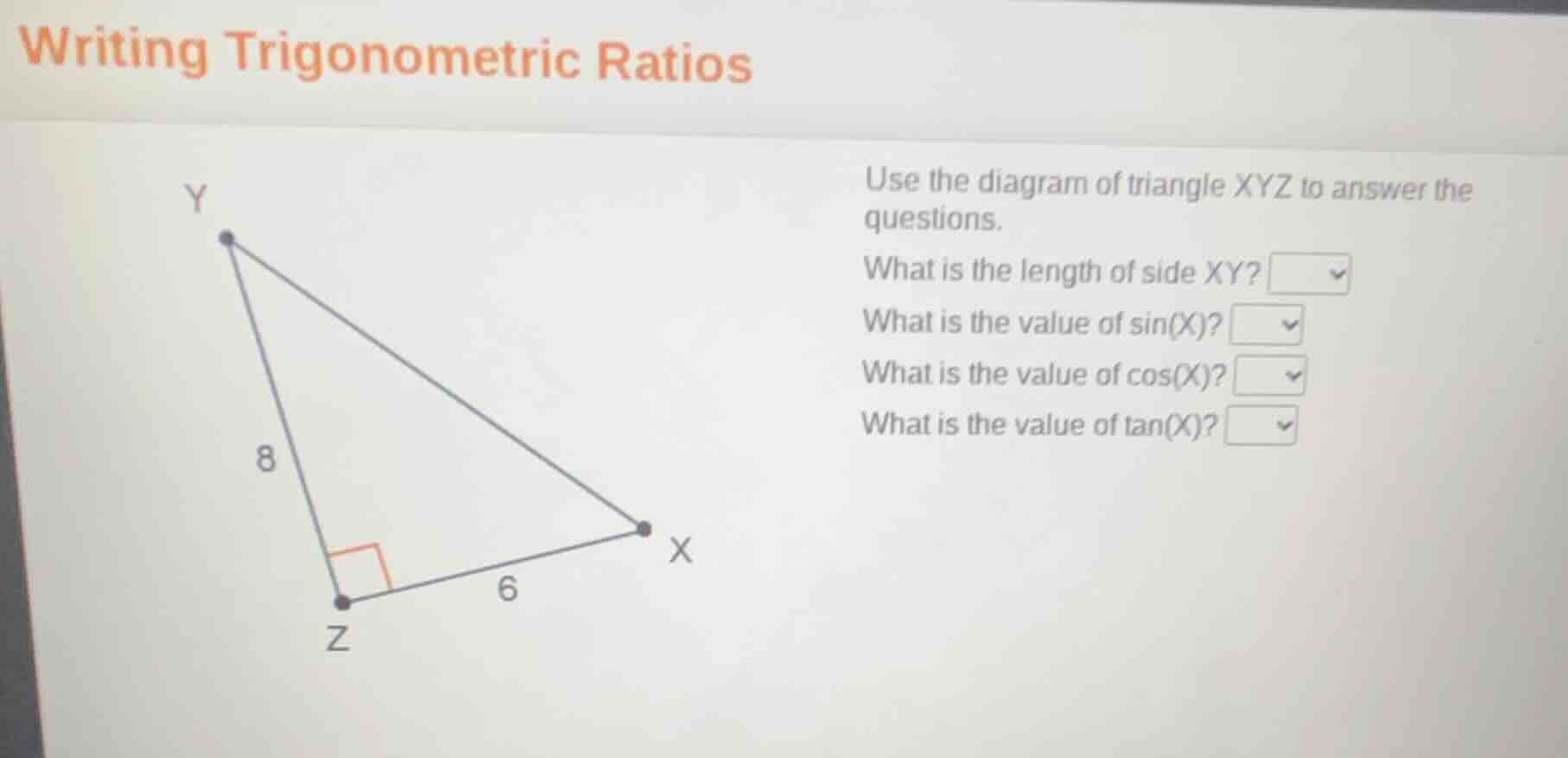 writing trigonometric ratios use the diagram of triangle xyz to answer …