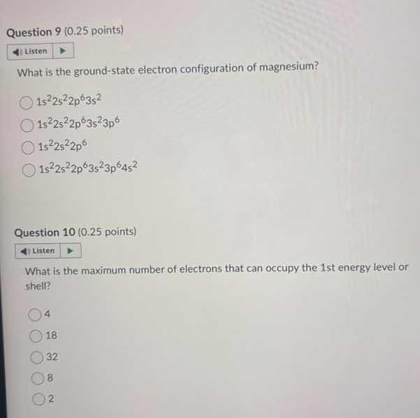question 9 (0.25 points) listen what is the ground - state electron con…