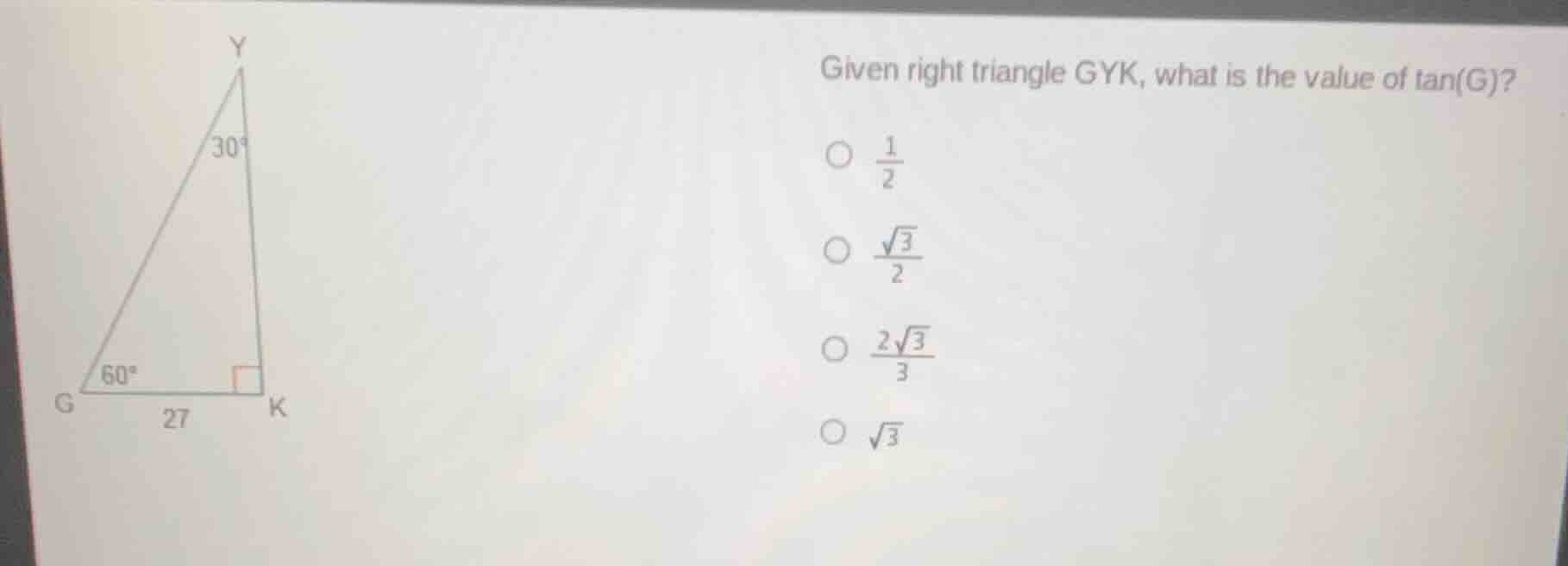 given right triangle gyk, what is the value of tan(g)? ○ \\(\\frac{1}{2…