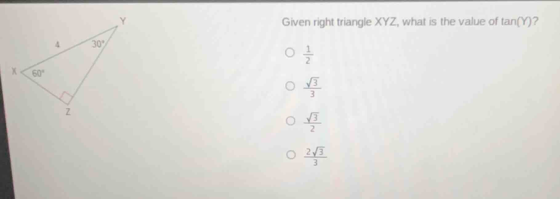 given right triangle xyz, what is the value of tan(y)? options: - $\fra…