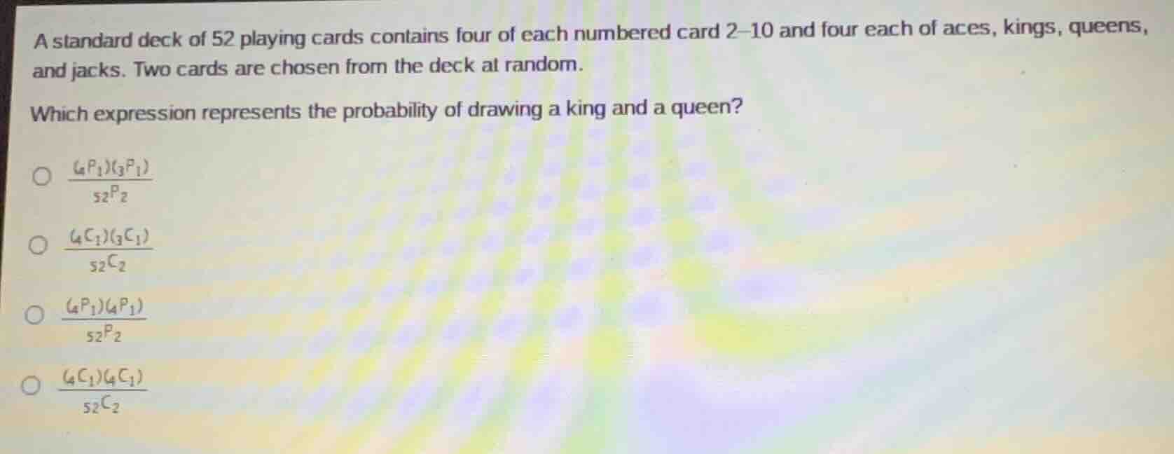 a standard deck of 52 playing cards contains four of each numbered card…