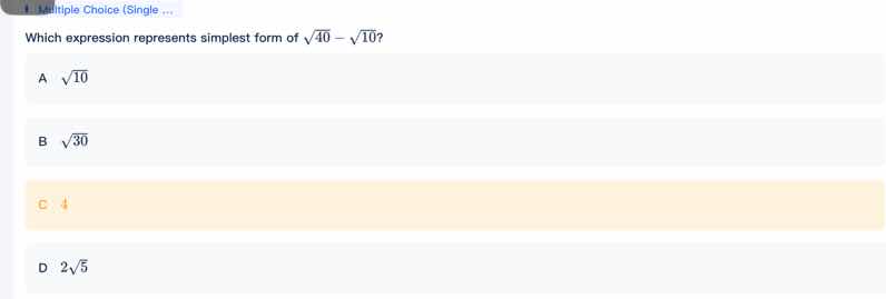 which expression represents simplest form of \\(\\sqrt{40} - \\sqrt{10}…
