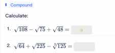 compound calculate: 1. \\( \\sqrt{108} - \\sqrt{75} + \\sqrt{48} = \\) …