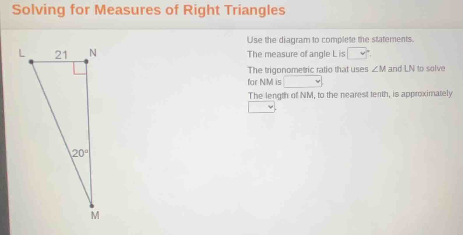 solving for measures of right triangles use the diagram to complete the…