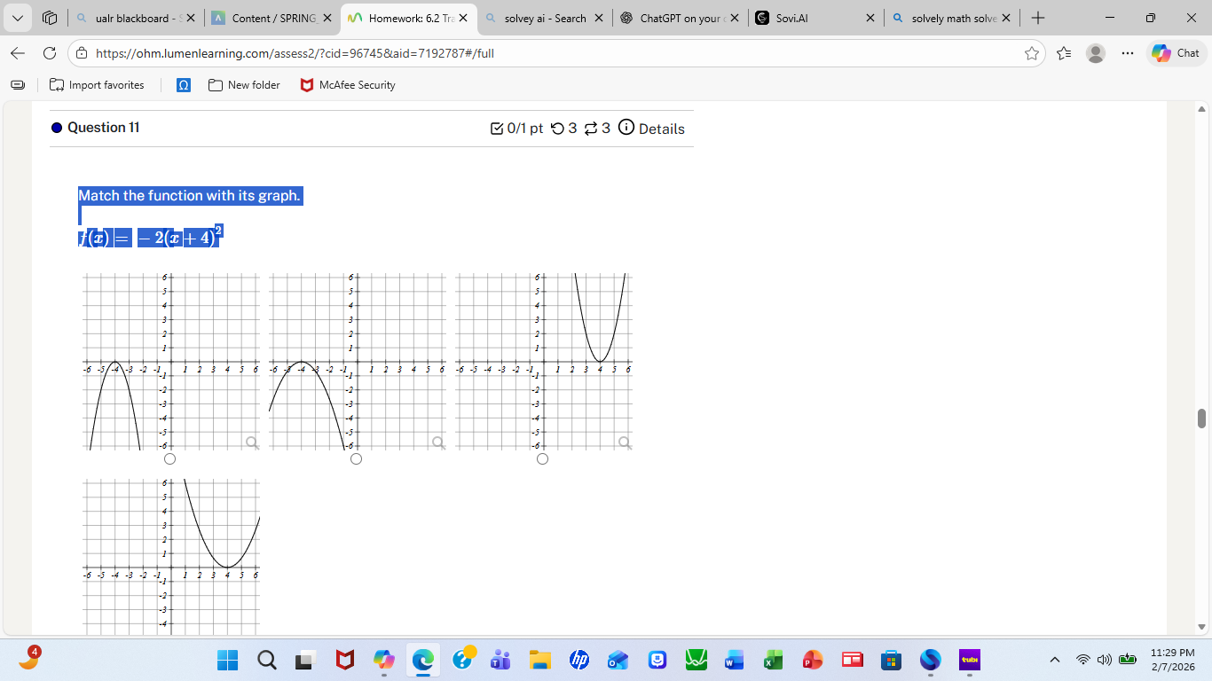 question 11 match the function with its graph. $f(x) = -2(x + 4)^2$
