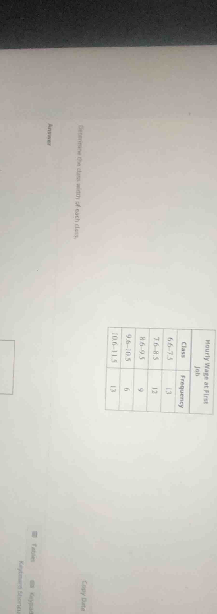 determine the class width of each class. hourly wage at first job class…
