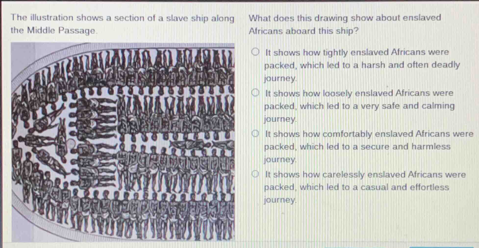 the illustration shows a section of a slave ship along the middle passa…