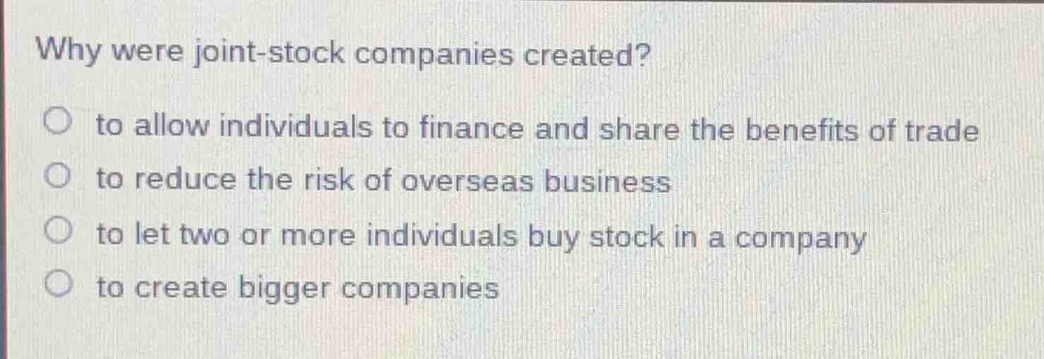 why were joint - stock companies created? to allow individuals to finan…