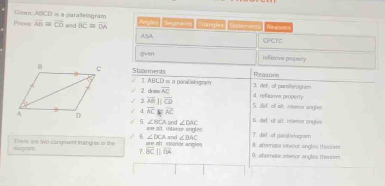 given abcd is a parallelogram prove \\(\\overline{ab} \\cong \\overline…