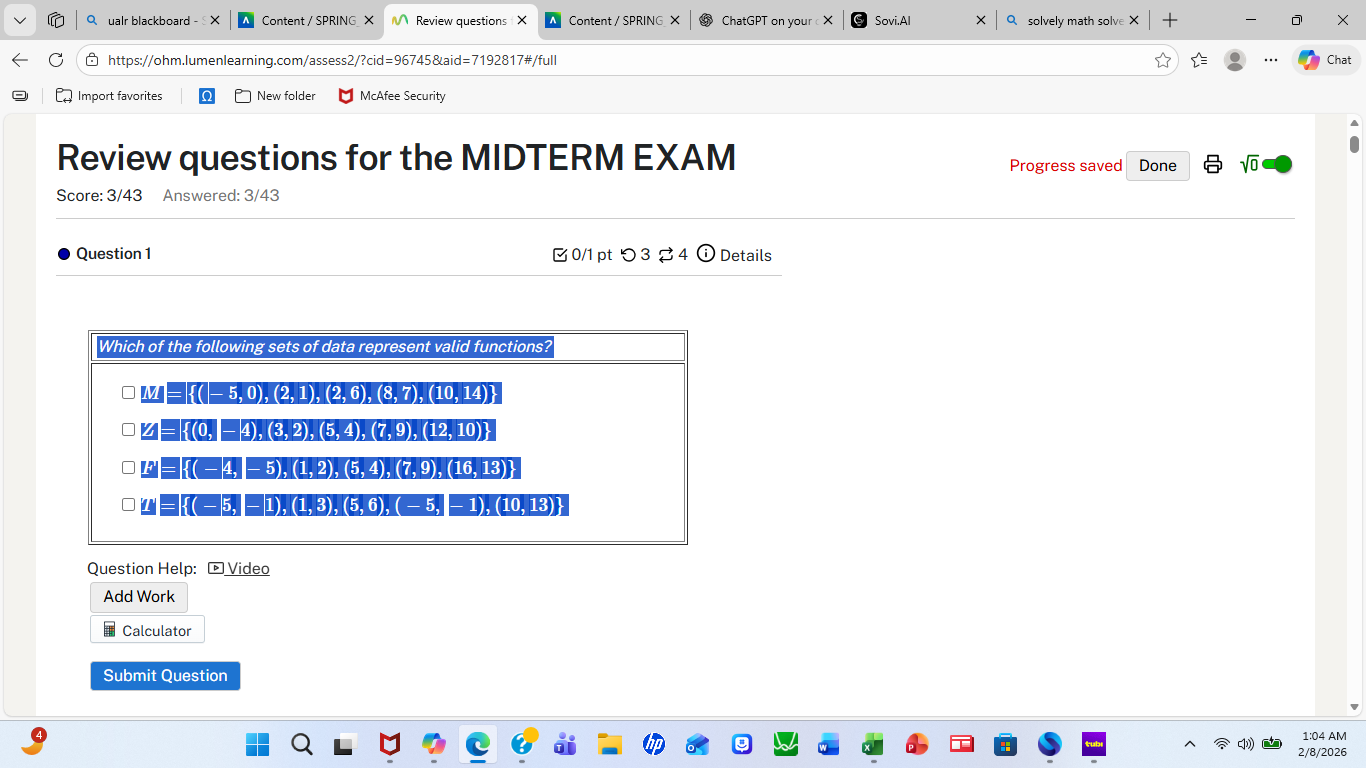 which of the following sets of data represent valid functions? m = {(-5…