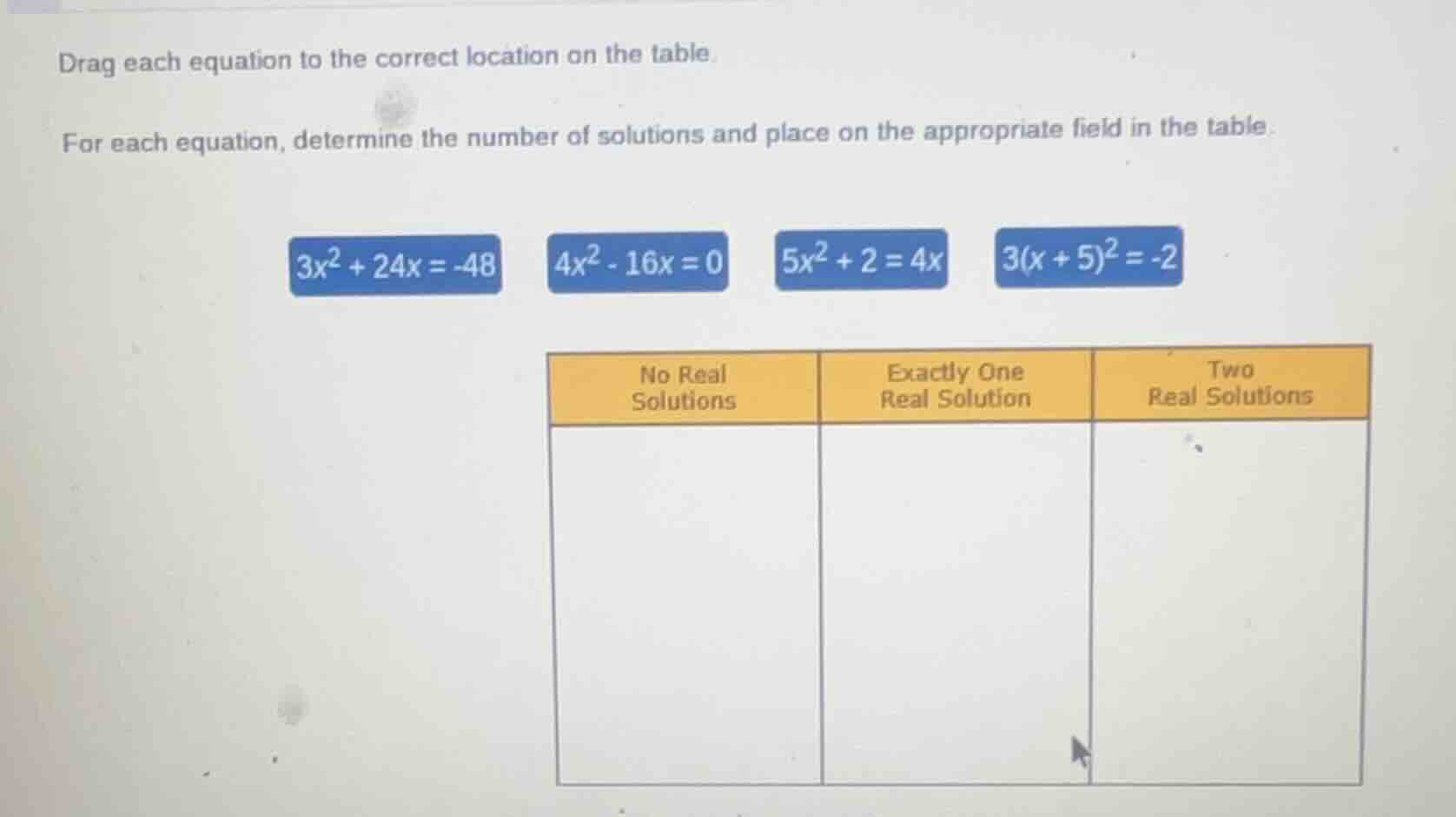 drag each equation to the correct location on the table. for each equat…