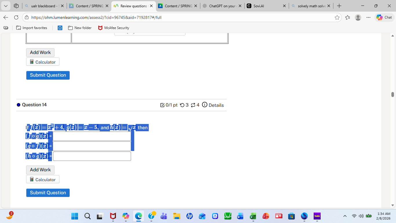 question 14 if ( f(x) = x^2 + 4 ), ( g(x) = x - 5 ), and ( h(x) = sqrt{…