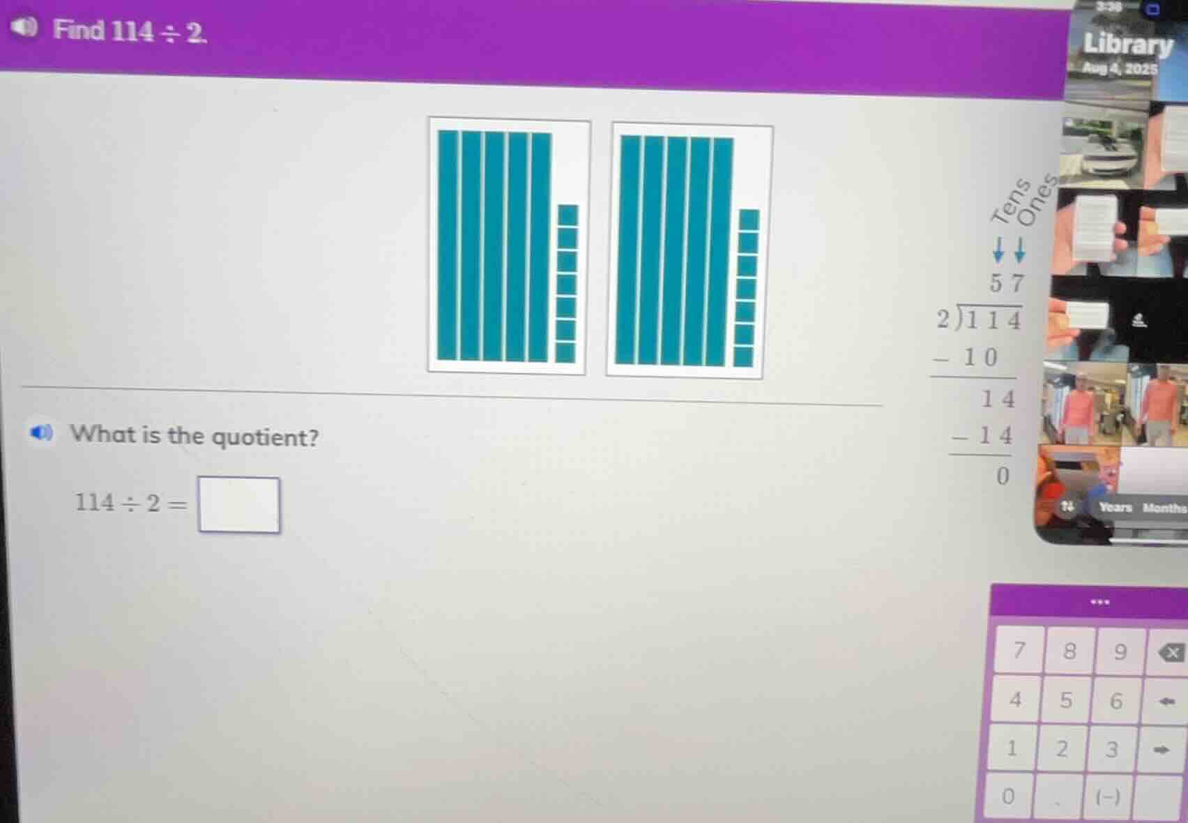 find 114 ÷ 2. what is the quotient? 114 ÷ 2 = \\square