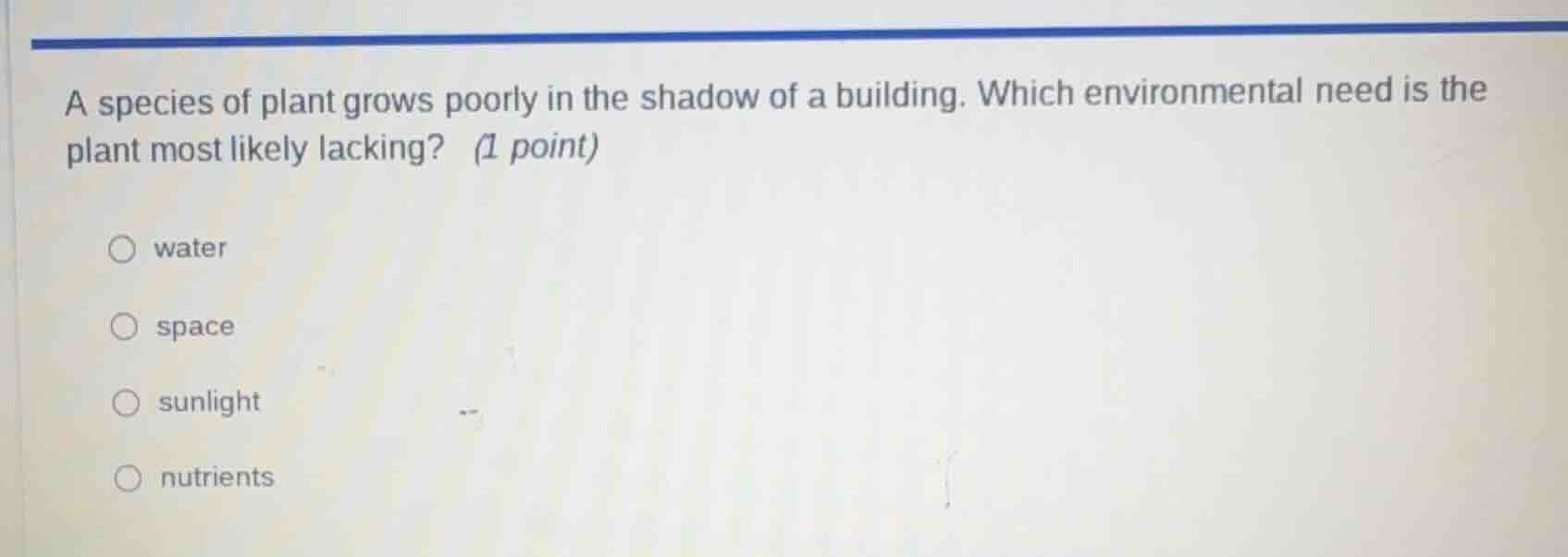 a species of plant grows poorly in the shadow of a building. which envi…