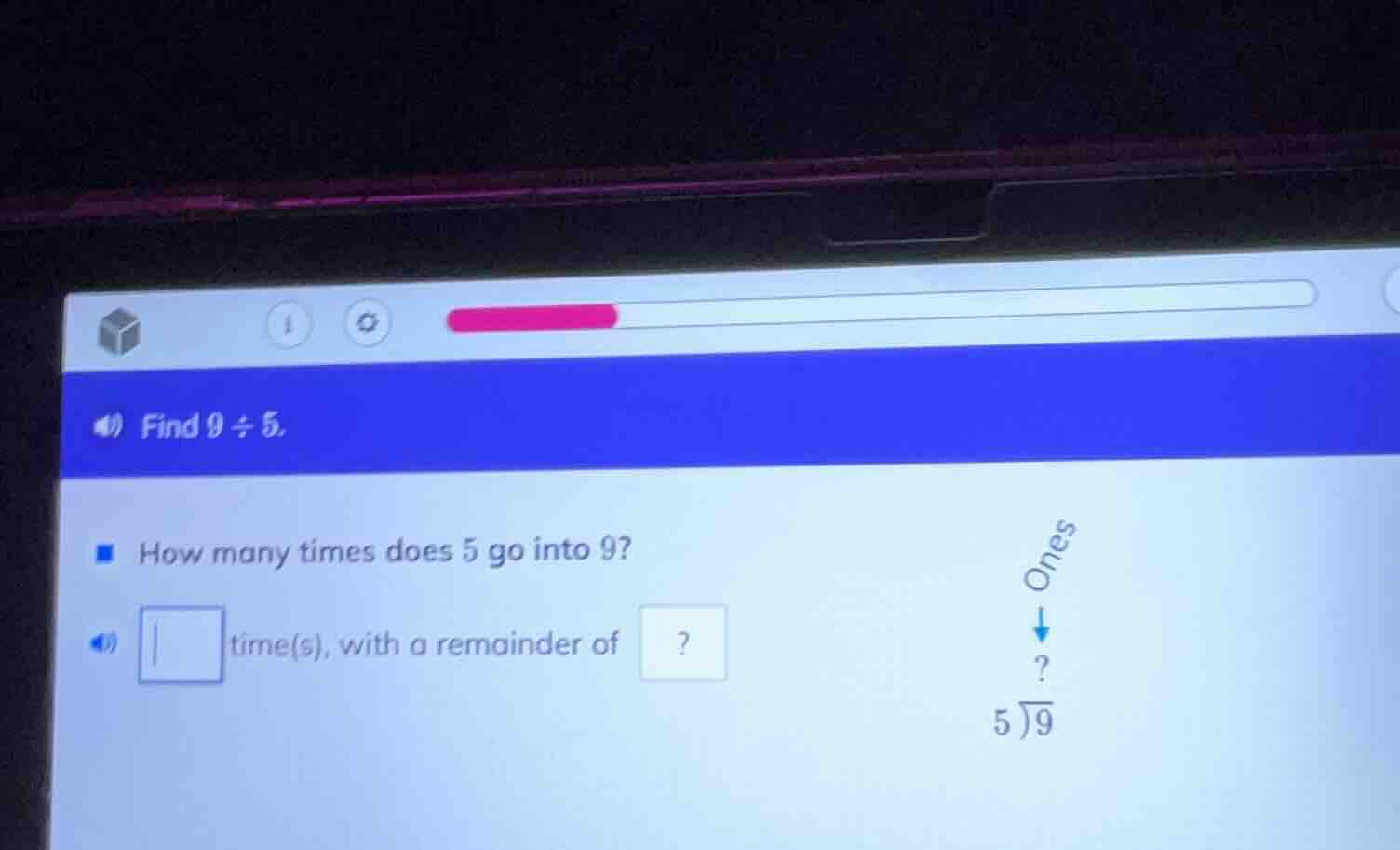 find $9\\div5$. how many times does 5 go into 9? \\boxed{} time(s), wit…